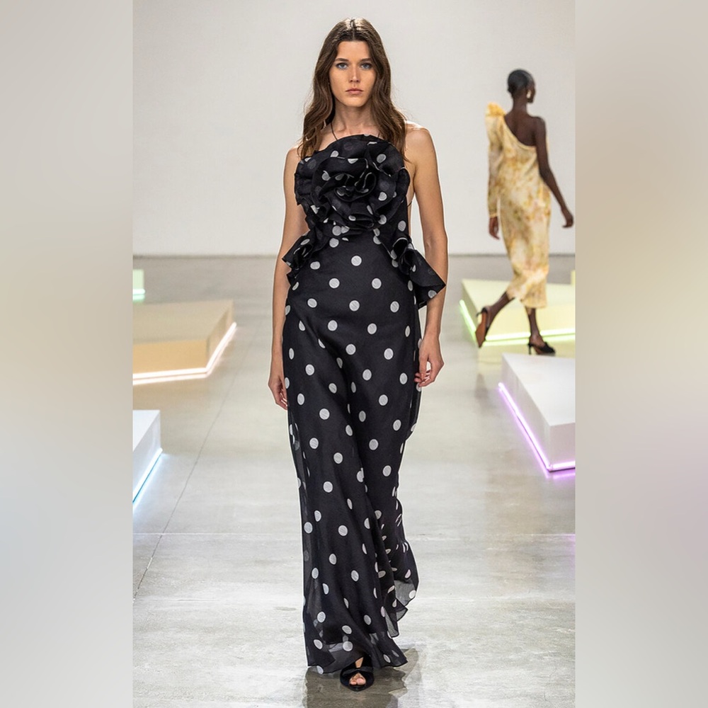 Zimmermann Crush Ruffle Rosette Polka-Dot Linen-Silk Maxi Dress size 1
